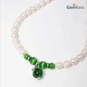 Green Onyx & Pearl Gemstone Oval Beads Necklace Jewelry